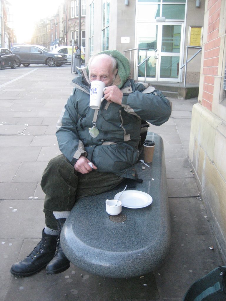 Albert Rhodes Drinking Coffee Outside Victoria Methodist Church Sheffield